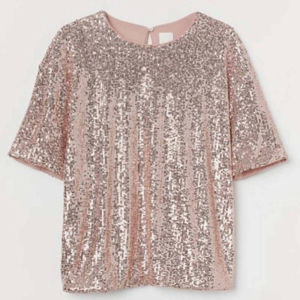 H&M | Sequin Rose Gold Short Sleeve Top Size Small